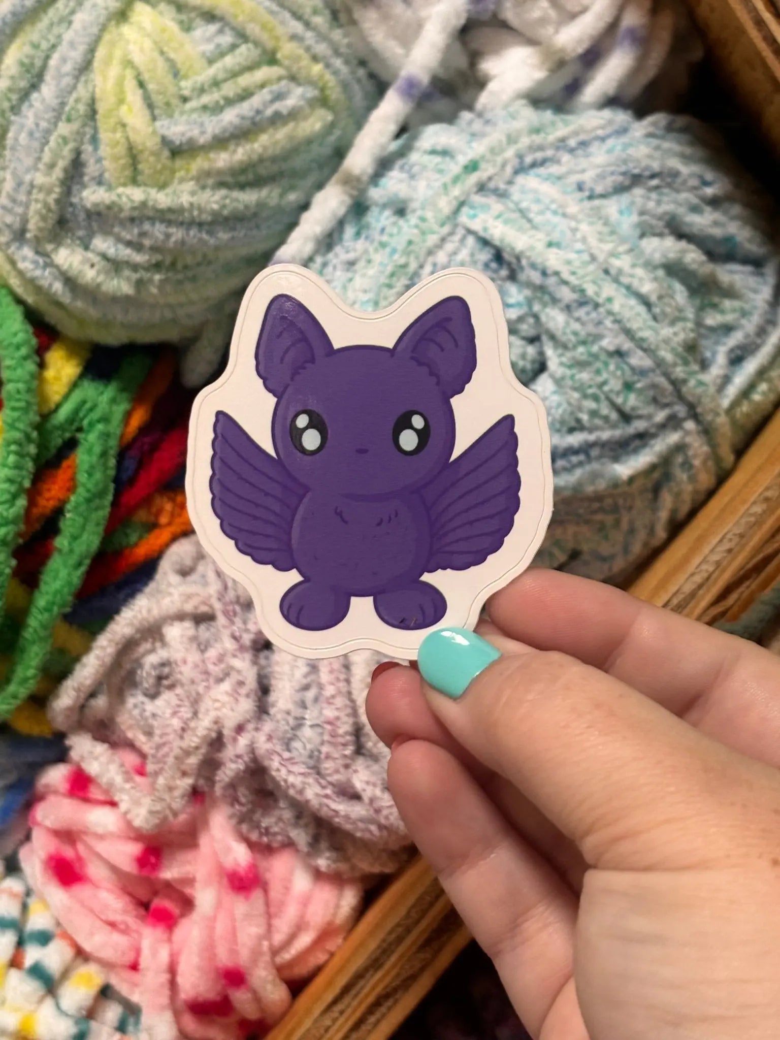 Cute purple bat sticker: Bailey the Bat from Main Street Collective. Whimsical, die-cut sticker on yarn.