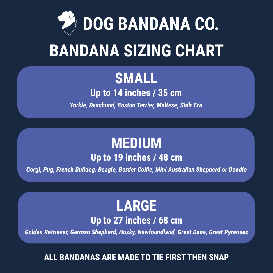 Squirrel Patrol & Pup Cup Dog Bandana size chart for available pet bandana sizes