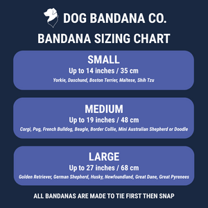 Squirrel Patrol & Pup Cup Dog Bandana size chart for available pet bandana sizes