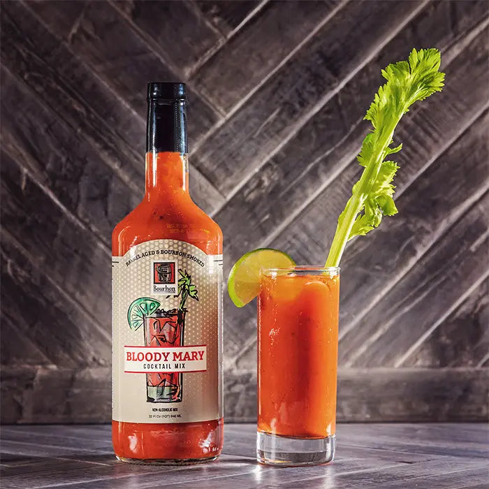 Bourbon Barrel Foods Bloody Mary Mix with prepared cocktail and celery