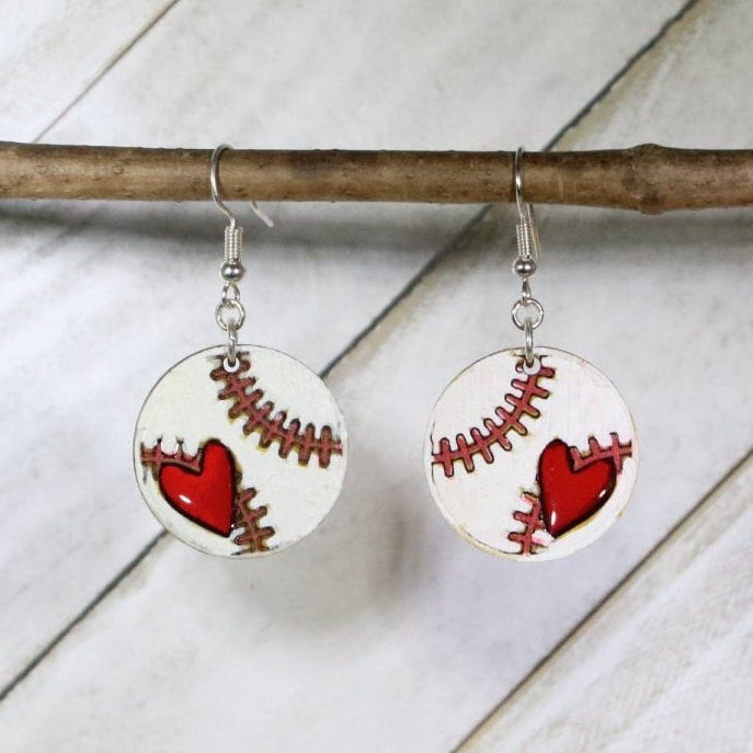 Baseball Heart Wood Resin Earrings | Baseball Mom Sports Jewelry