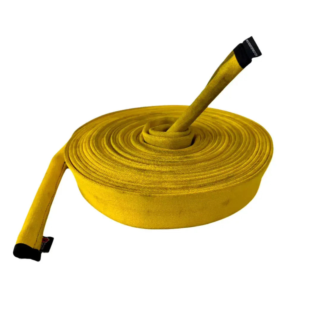 Yellow coiled 50ft battle rope made from recycled fire hose