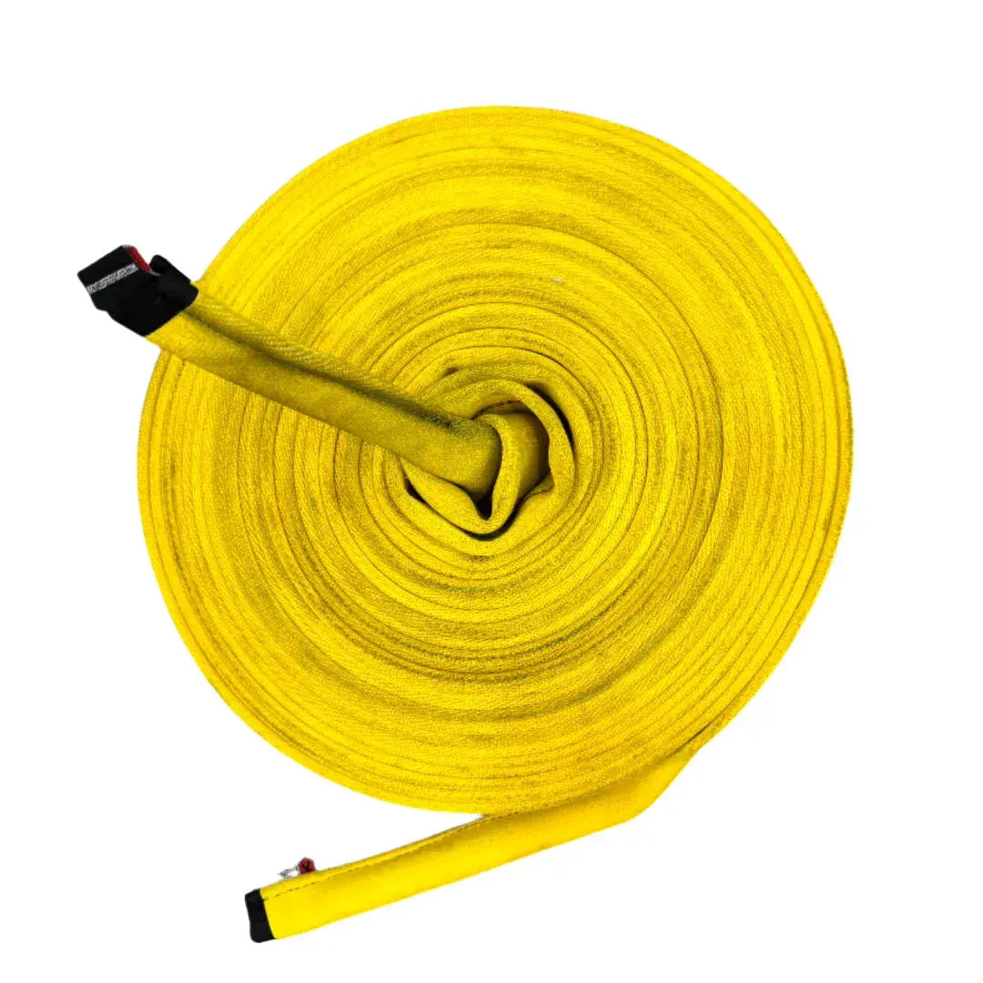 Yellow coiled fire hose with black and red connectors