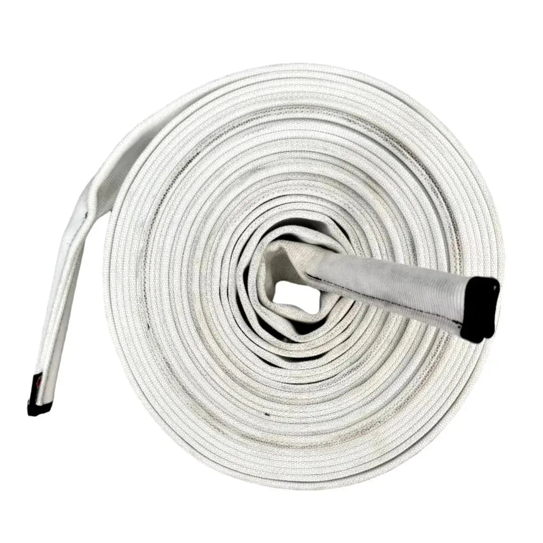 White coiled rope, possibly fire hose material, 50 feet long