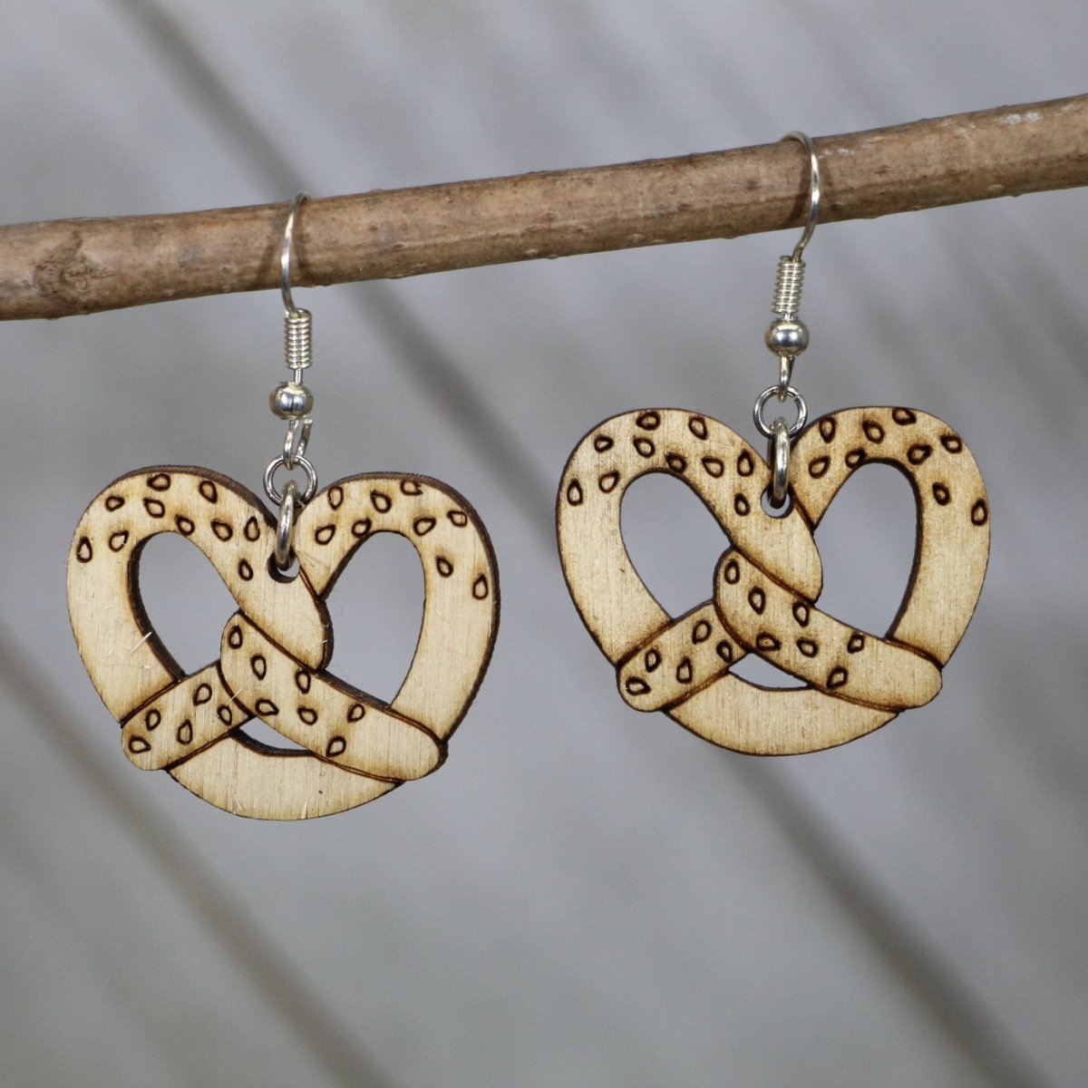 Bavarian Pretzel Wooden Dangle Earrings | Food Jewelry