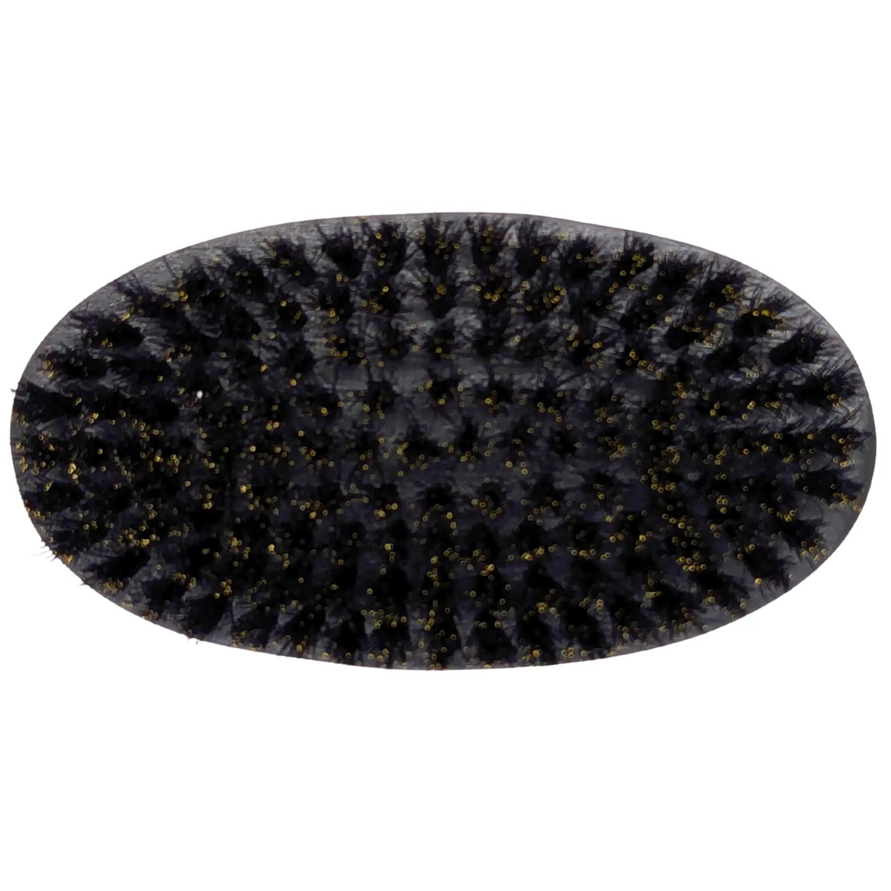 Oval beard brush with black bristles and gold tips, used for beard grooming and maintenance.