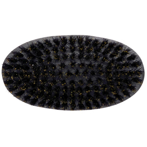 Oval beard brush with black bristles and gold tips, used for beard grooming and maintenance.