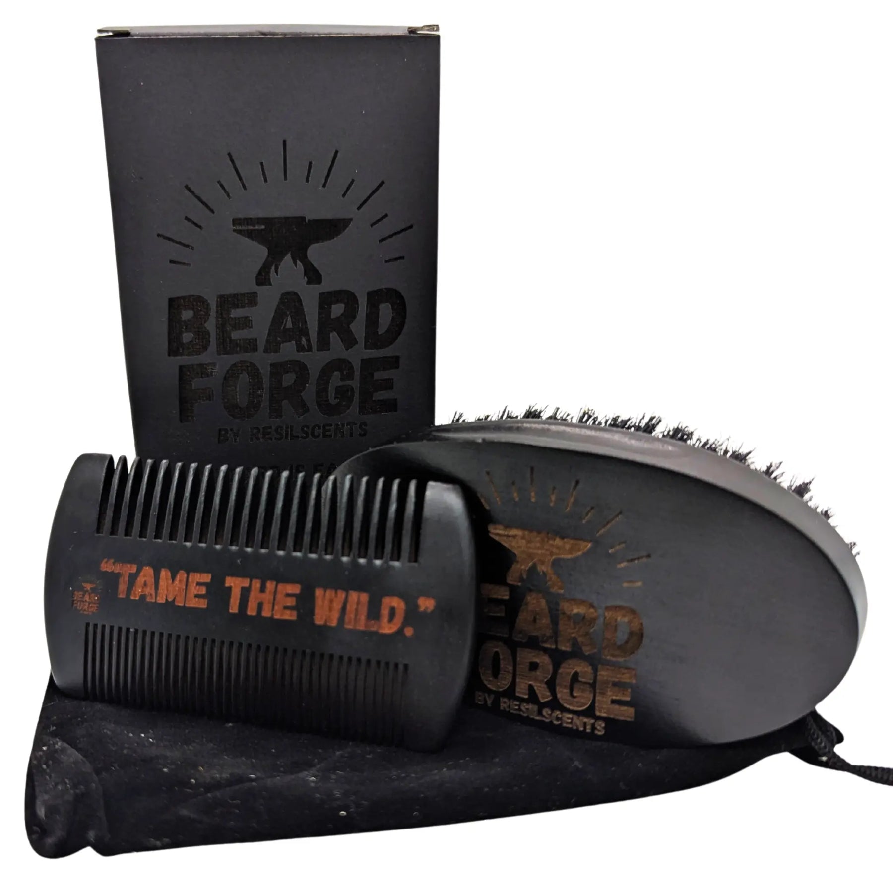 Beard grooming kit: Wooden brush, comb, velvet bag, and engraved box for grooming and beard care. By Beard Forge.