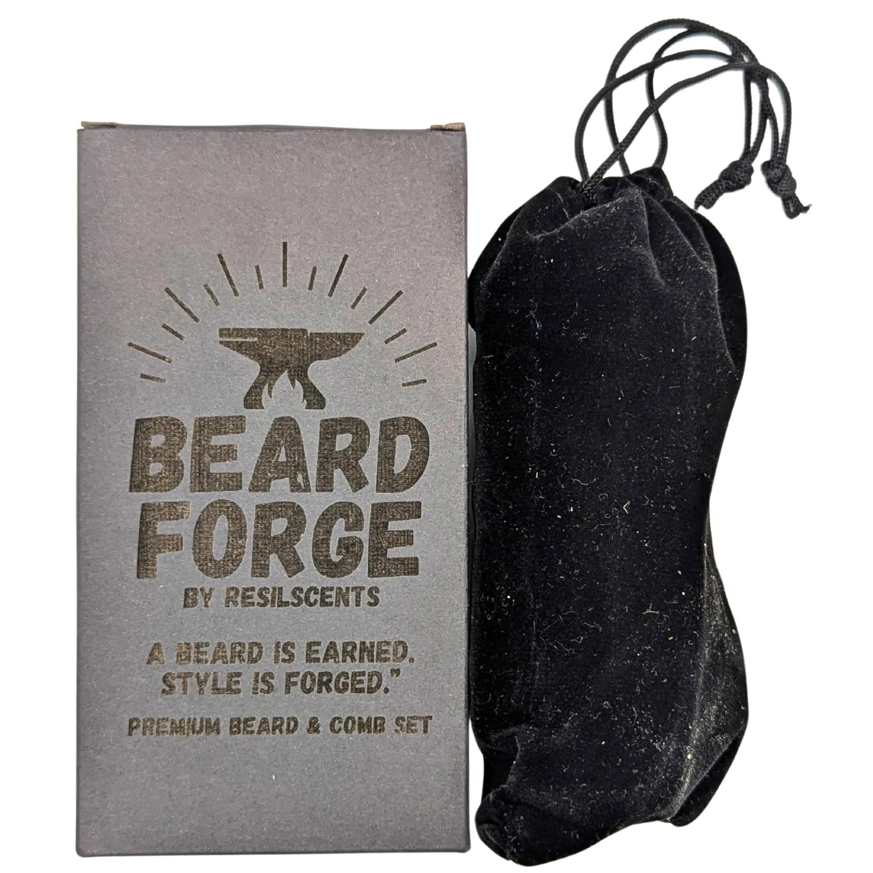 Beard grooming kit: box with logo, 'Beard Forge,' & black velvet bag. Comb and brush set for beard care by ResilScents.