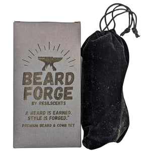 Beard grooming kit: box with logo, 'Beard Forge,' & black velvet bag. Comb and brush set for beard care by ResilScents.