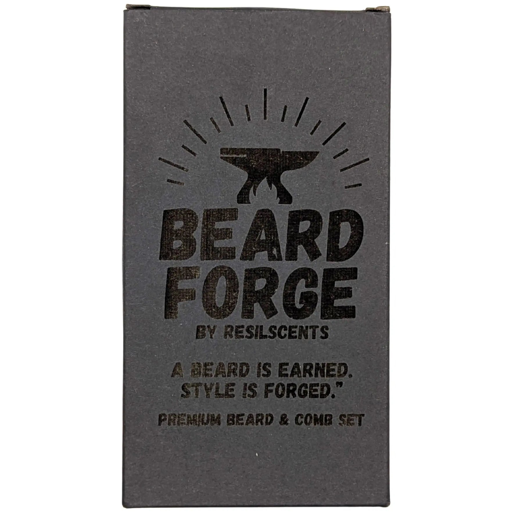Beard Forge grooming set box with logo, "A beard is earned. Style is forged.", premium comb and brush set.