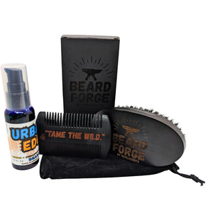 Beard grooming set: beard oil in blue bottle, comb, and brush with "Beard Force" logo, presented in black box with drawstring bag.