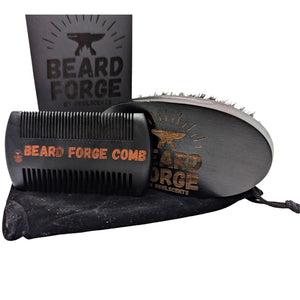 Beard grooming kit: brush, comb, presentation box, and storage bag with "Beard Forge" branding.