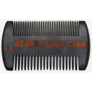 Black wooden beard comb with "BEARD FORGE COMB" engraved on the handle, showcasing teeth on both sides.