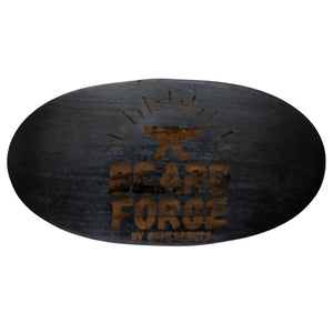 Beard grooming set with a wooden brush and "Beard Forge" logo.