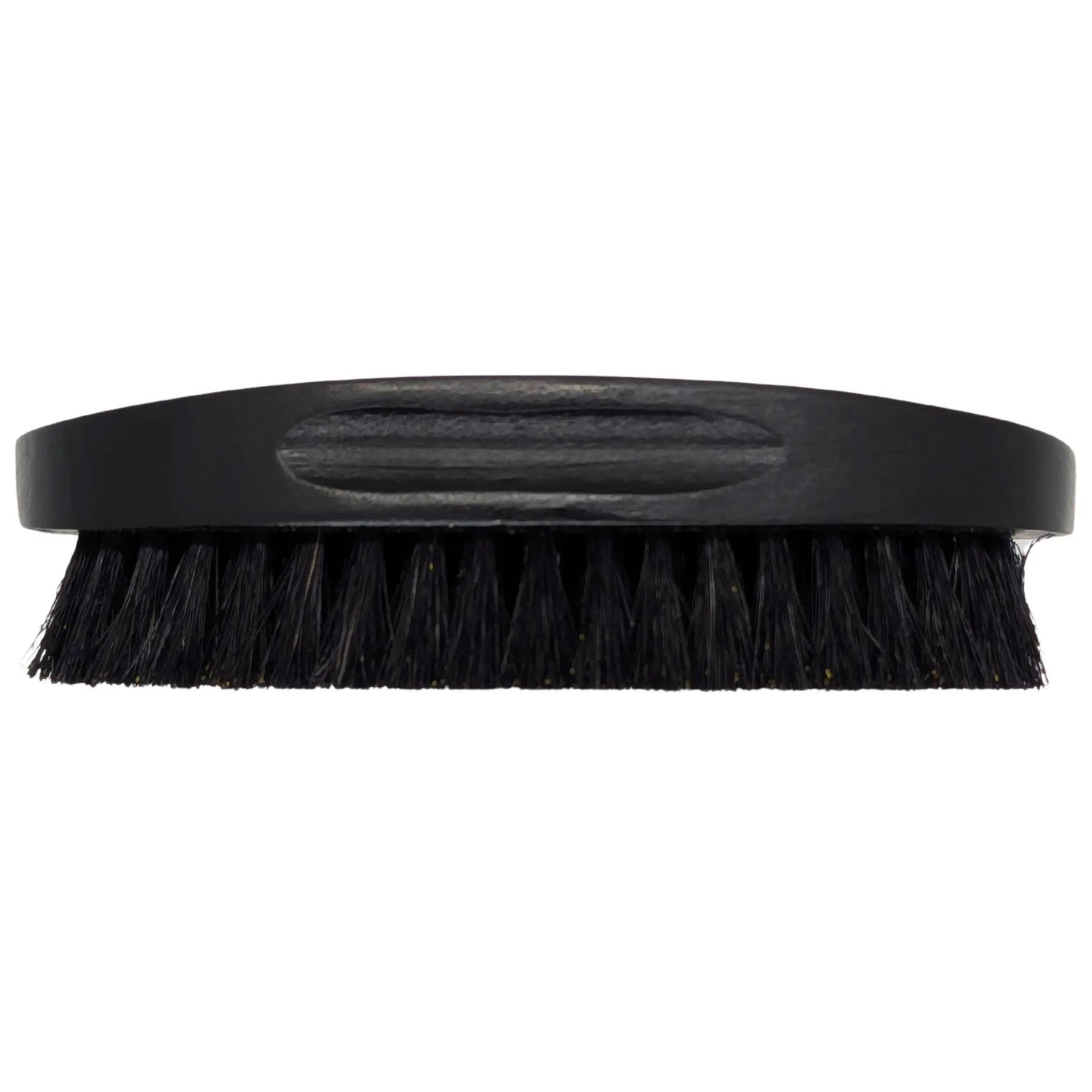 Black beard brush with short bristles and a rounded handle, showing the bristle texture and handle grain.