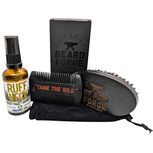 Beard grooming kit: oil, wooden brush, comb, velvet bag, and black box with "Beard Forge" brand name and logo.