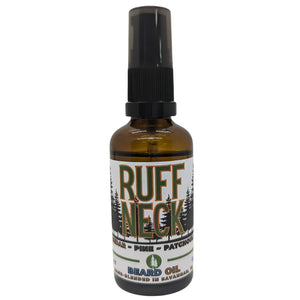 Brown glass bottle of Ruff Neck beard oil with cedar, pine, and patchouli scents.