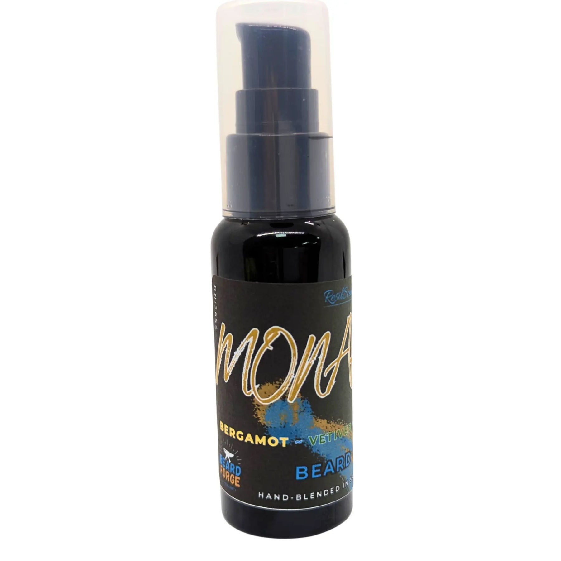 Beard Forge beard oil bottle with clear cap. The label shows "MONA" and "BERGAMOT VETIVER".
