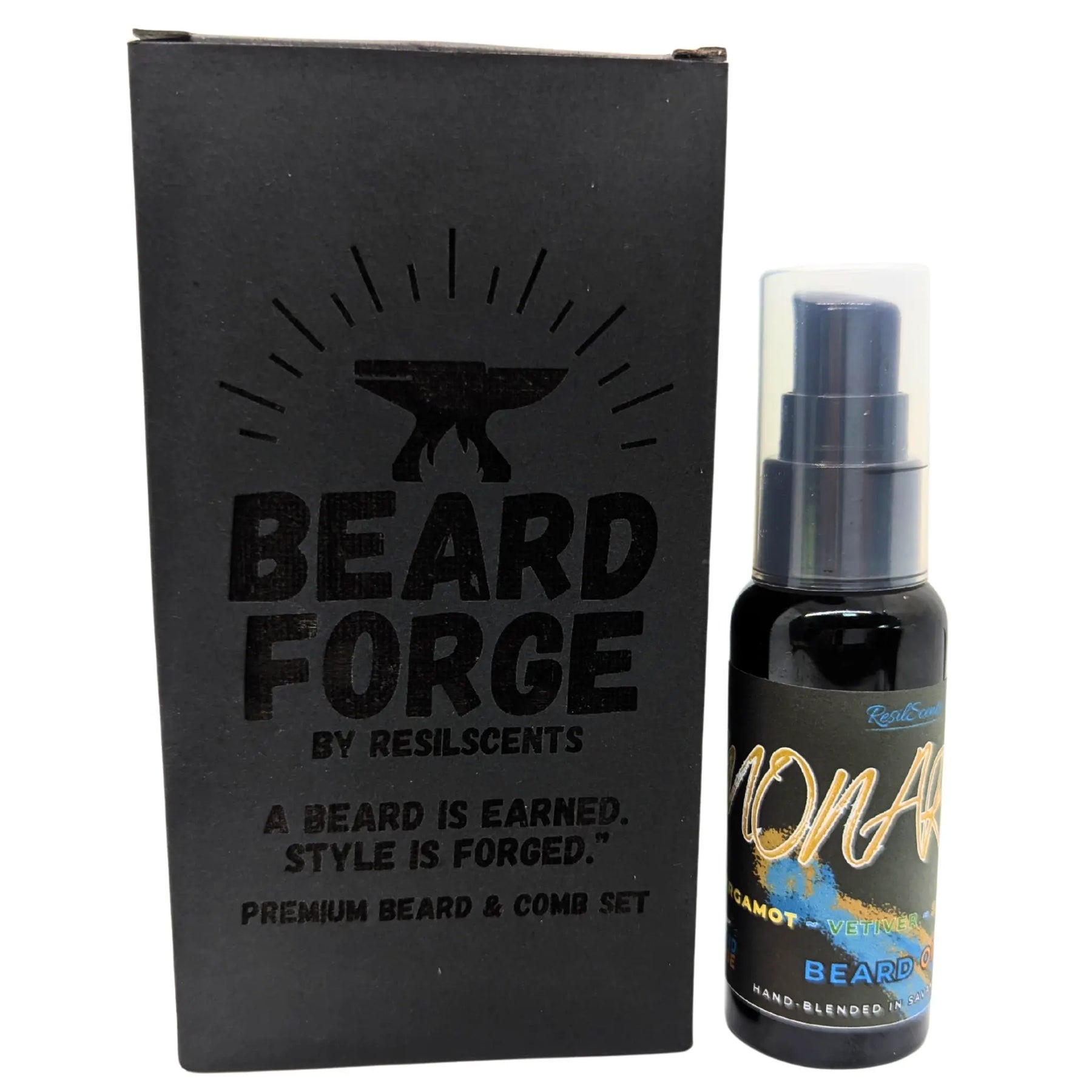 BEARD FORGE beard grooming set with black box and beard oil bottle.