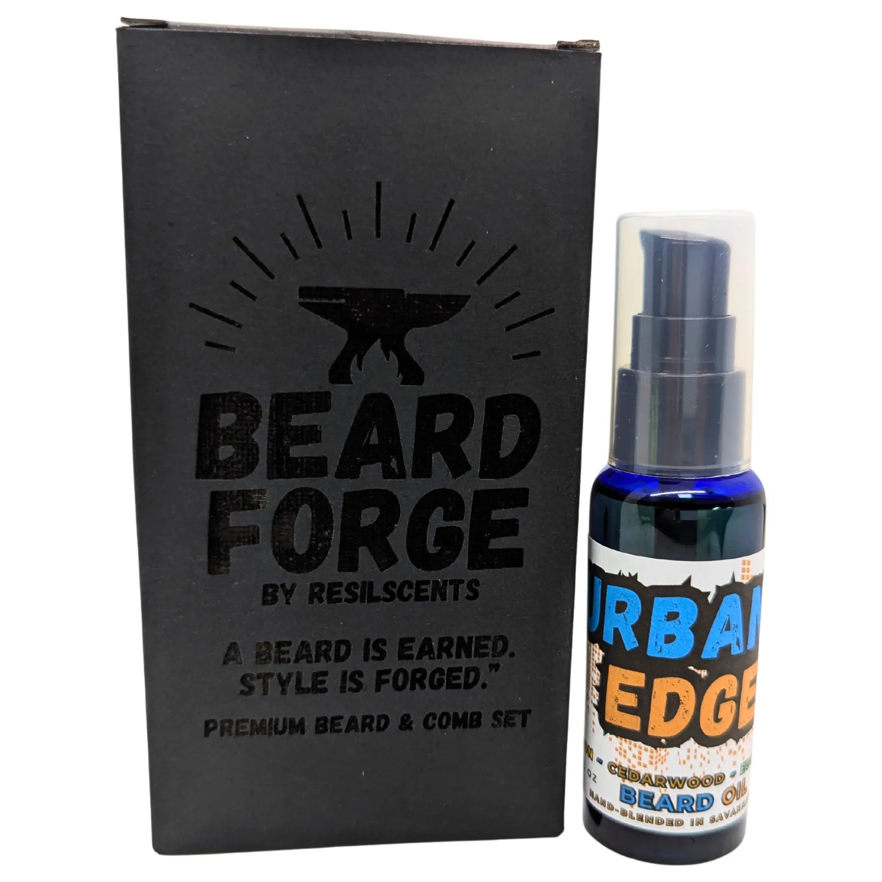 Beard Forge grooming set with beard oil and box. Cedarwood scent. By Resilscents. A beard is earned. Style is forged.