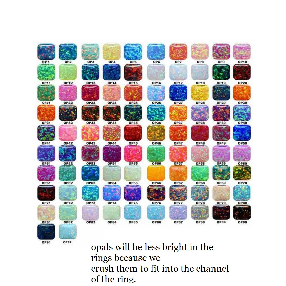 Opal color chart displaying 92 different opal shades, labeled OP1 to OP92, for memorial ring customization options.