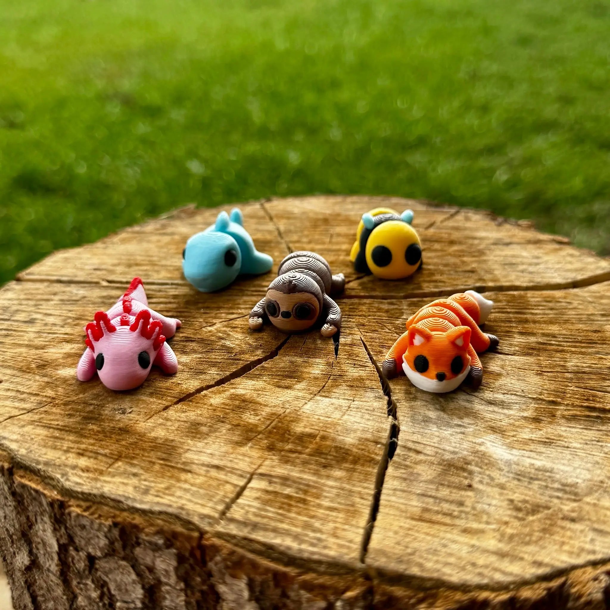 3D Printed Animals: Axolotl, Bee, Fox, Sloth, Shark Figurines on Wood Stump. Cute Miniature Toys for Kids and Collectors.