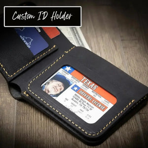 Black leather wallet with a custom ID holder showing a Texas driver's license.