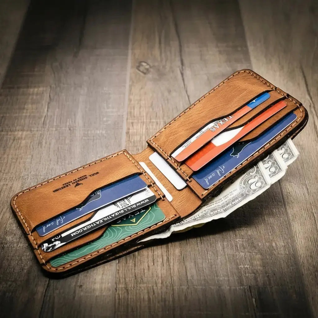 Brown leather bifold wallet with credit cards, cash, and RFID blocking technology from Texas.
