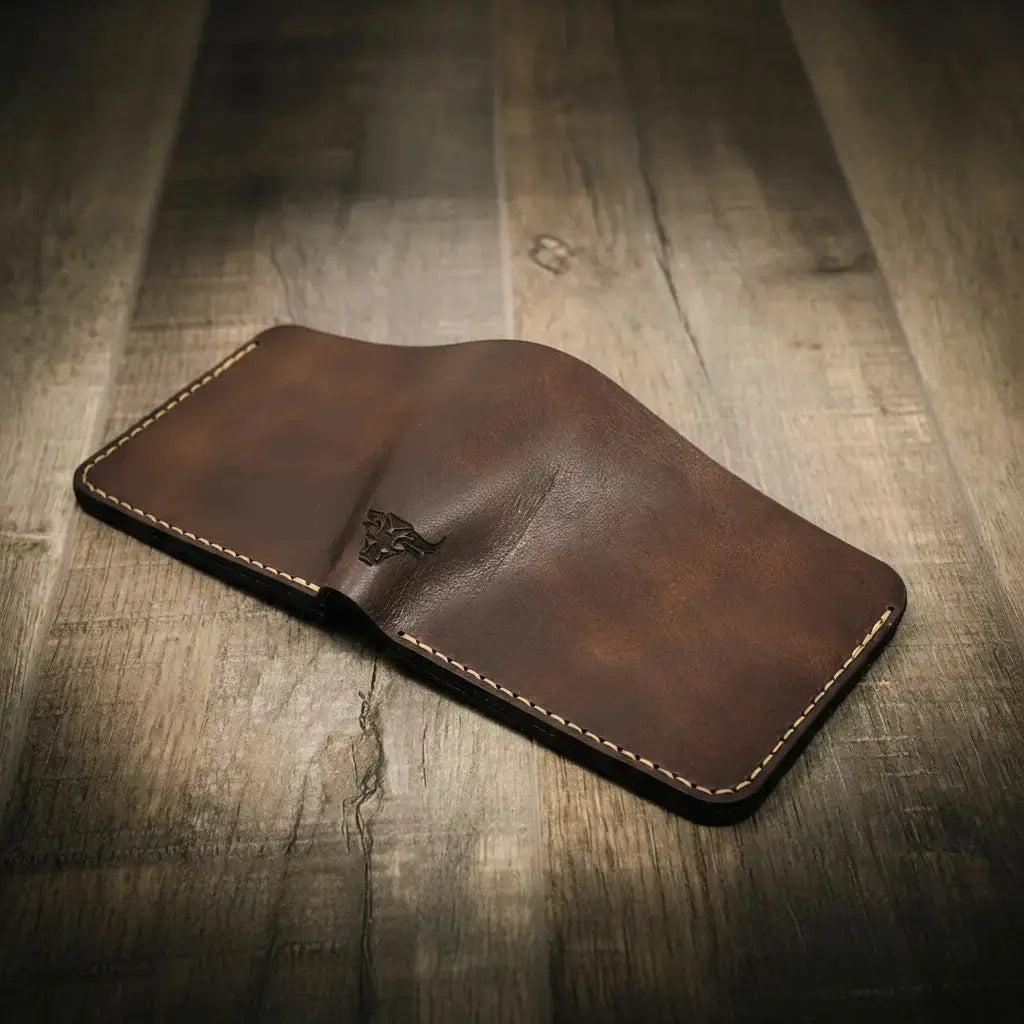 Brown leather bifold wallet with embossed bull logo.