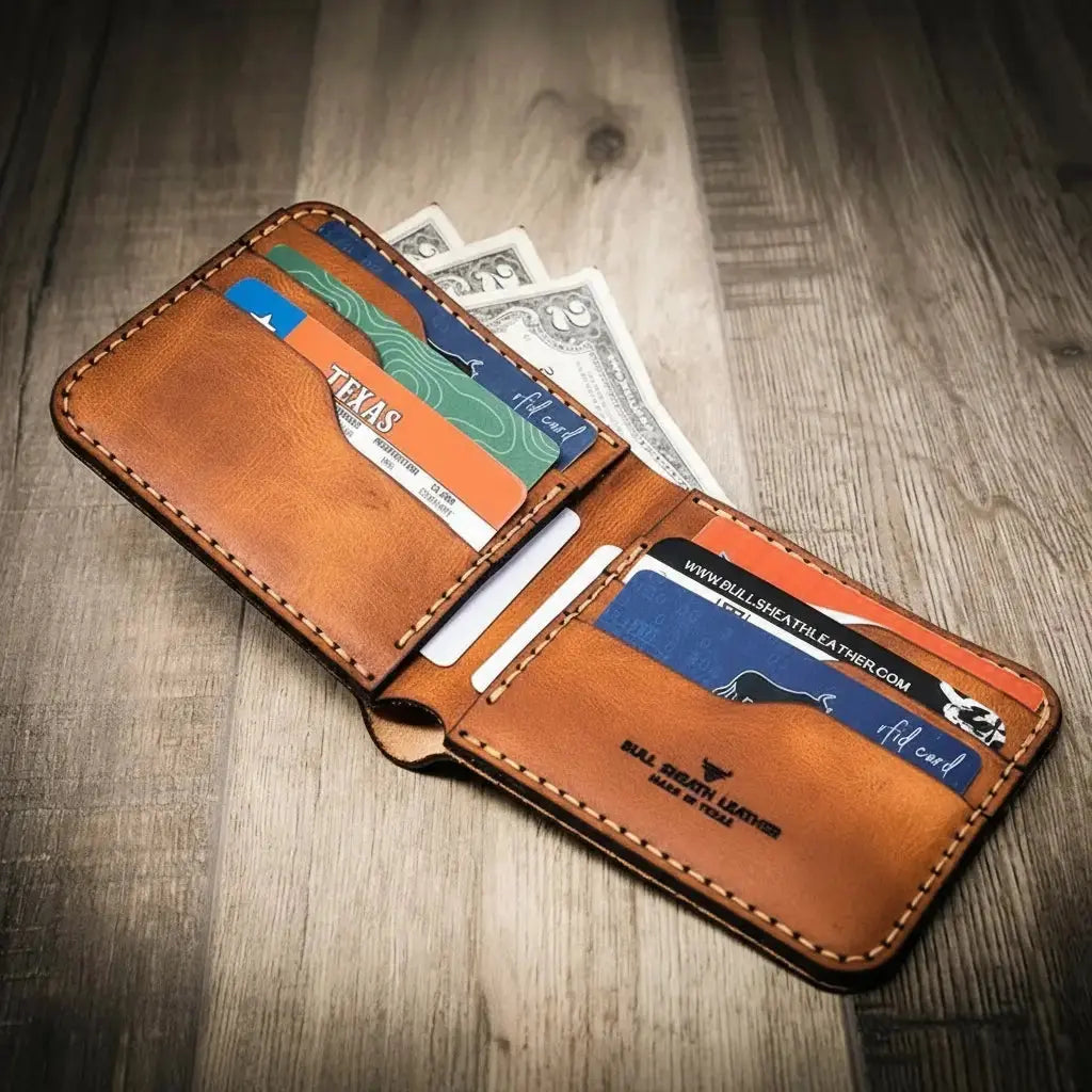 Brown leather bifold wallet with cards, cash, and RFID card visible.