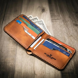 Brown leather bifold wallet with cards, cash, and RFID card visible.