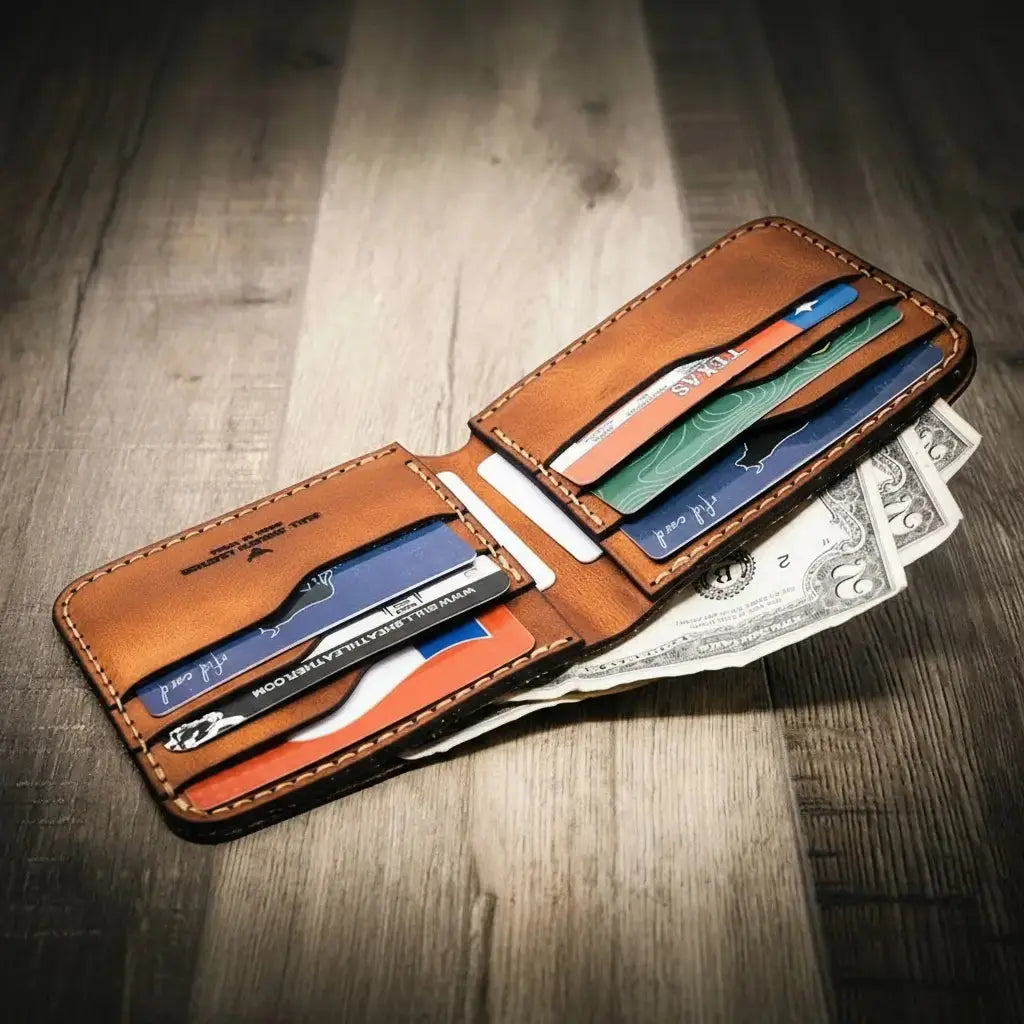 Leather bifold wallet with cards and US dollar bills inside