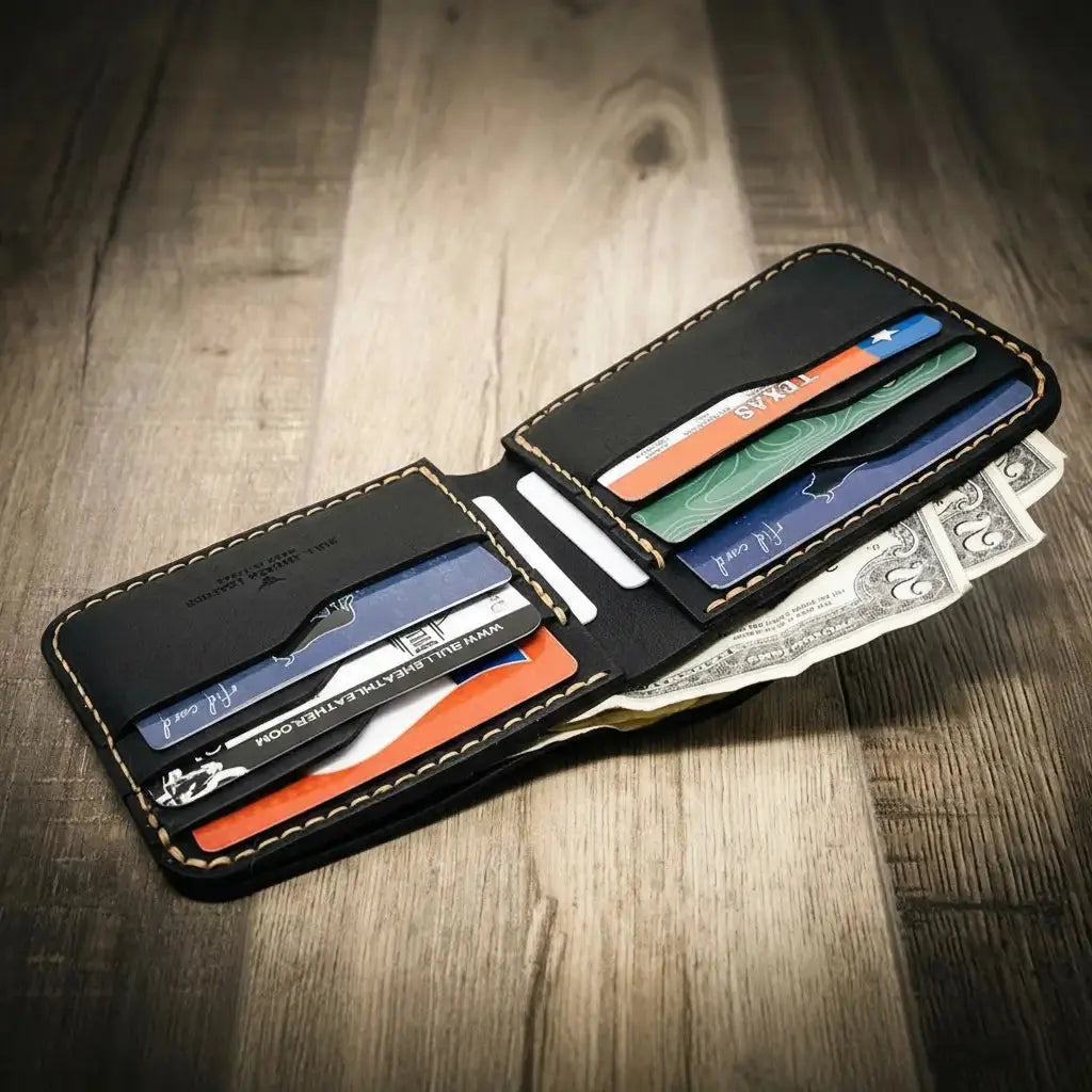 Black leather bifold wallet open with card slots and US dollar bills on wood
