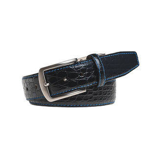 Close up of black caiman crocodile leather belt texture