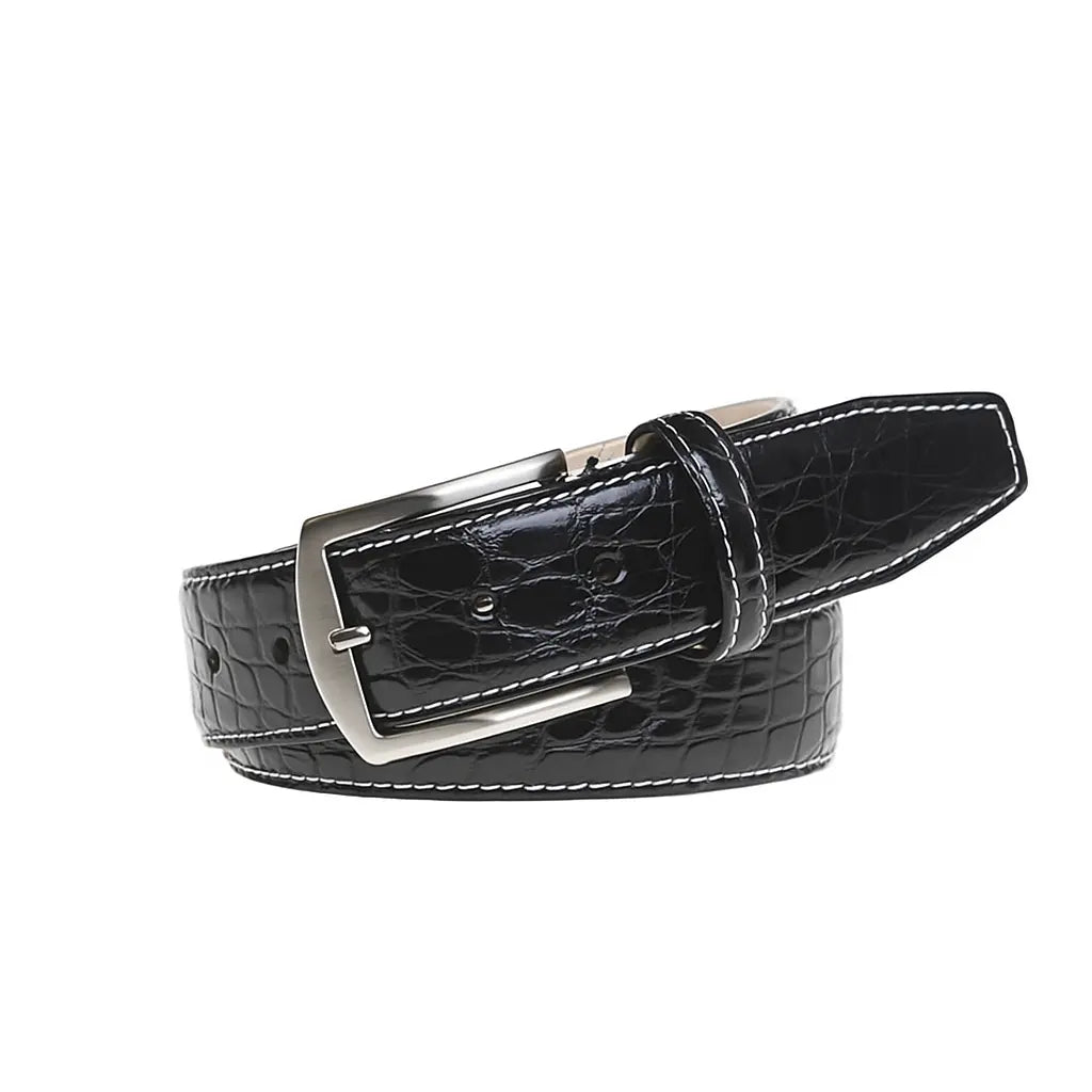 Luxury black crocodile belt showing handmade leather craftsmanship
