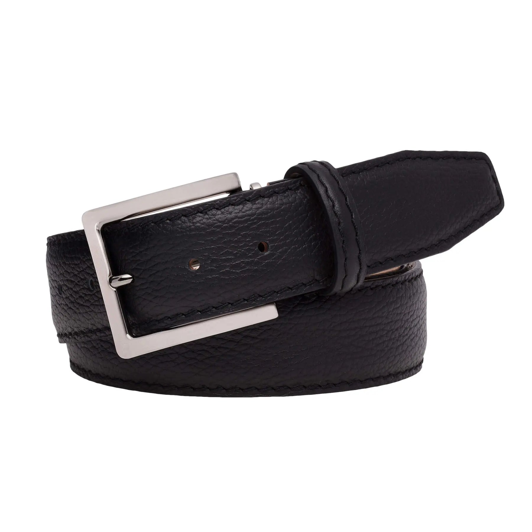 Black pebble grain belt showing handmade leather craftsmanship