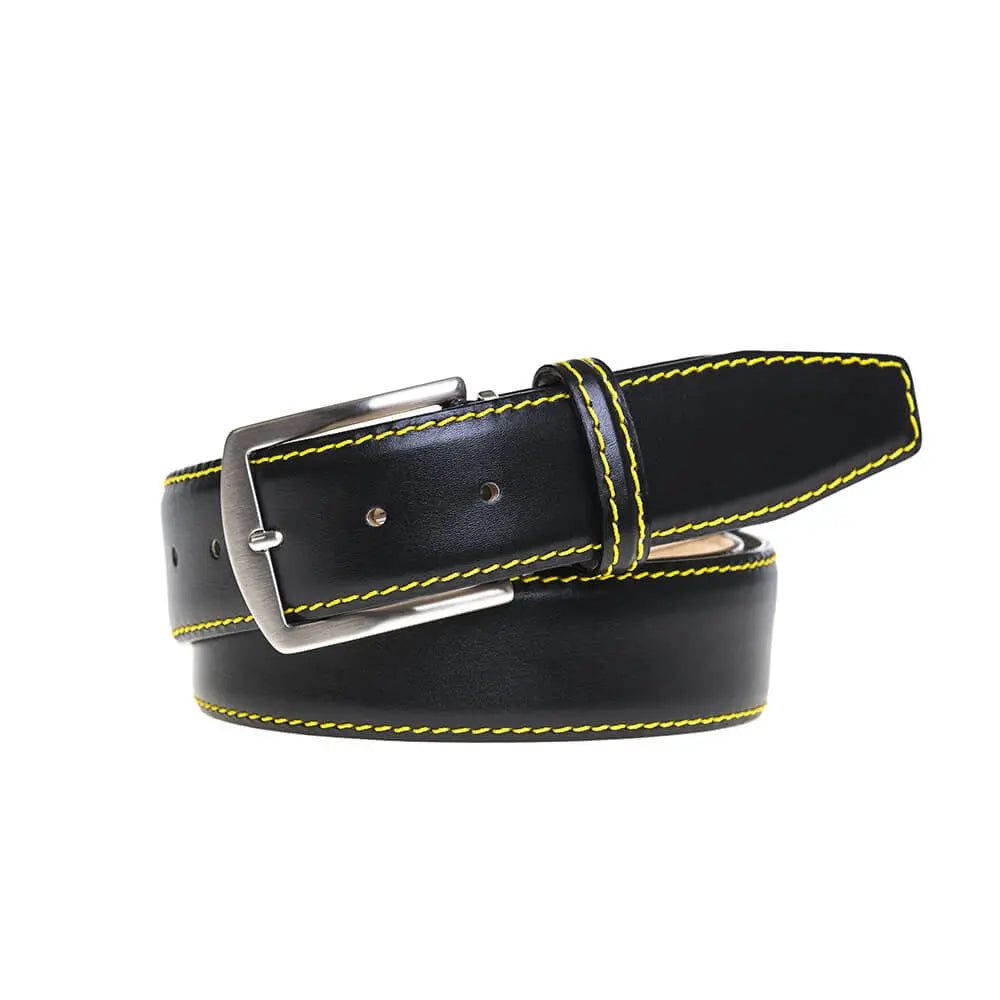 Black smooth calf belt showing handmade leather craftsmanship