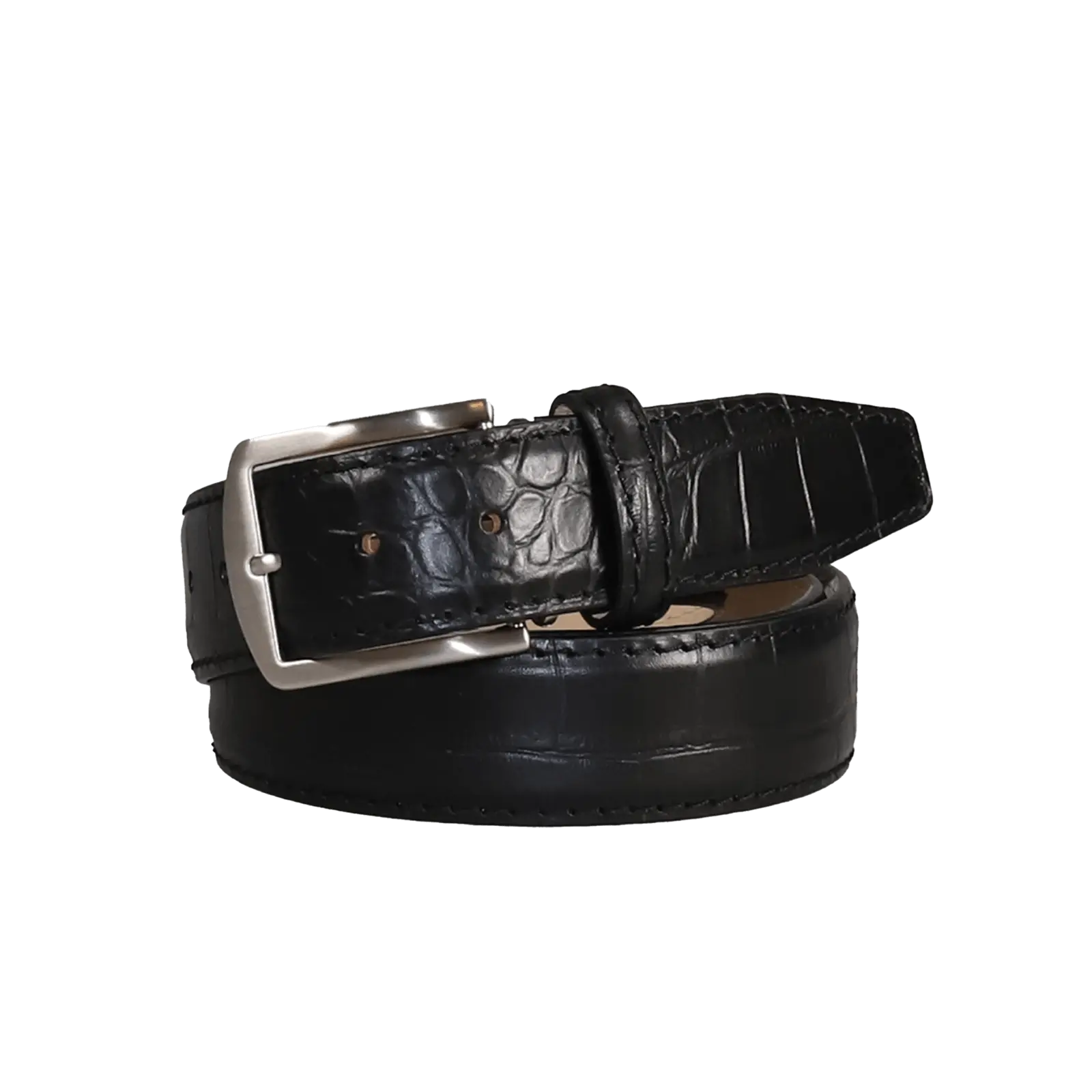 Close up of black mock croc leather belt texture and stitching