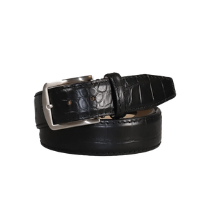 Close up of black mock croc leather belt texture and stitching