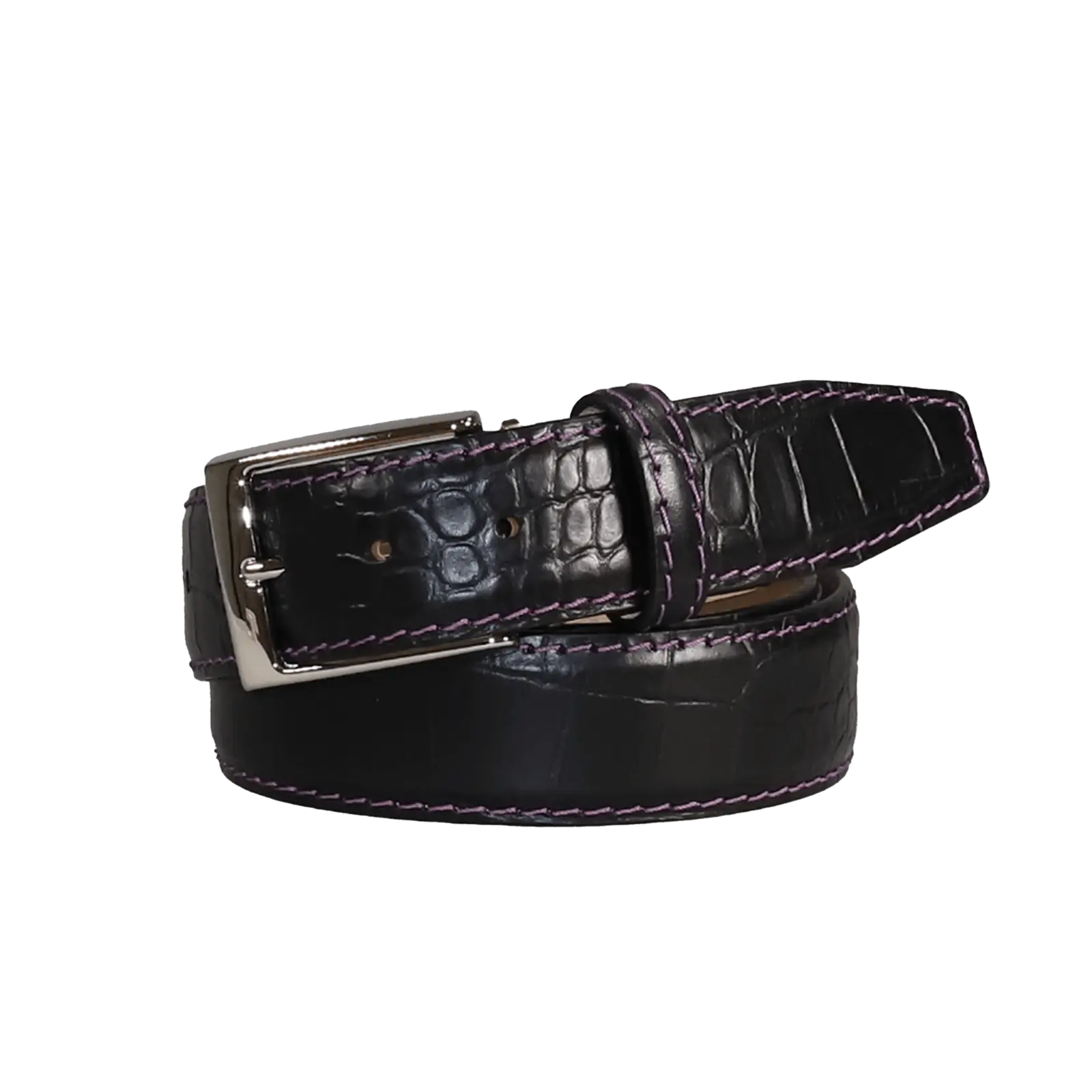 Black mock croc belt showing handmade leather craftsmanship