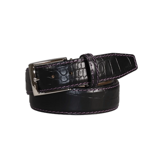 Black mock croc belt showing handmade leather craftsmanship