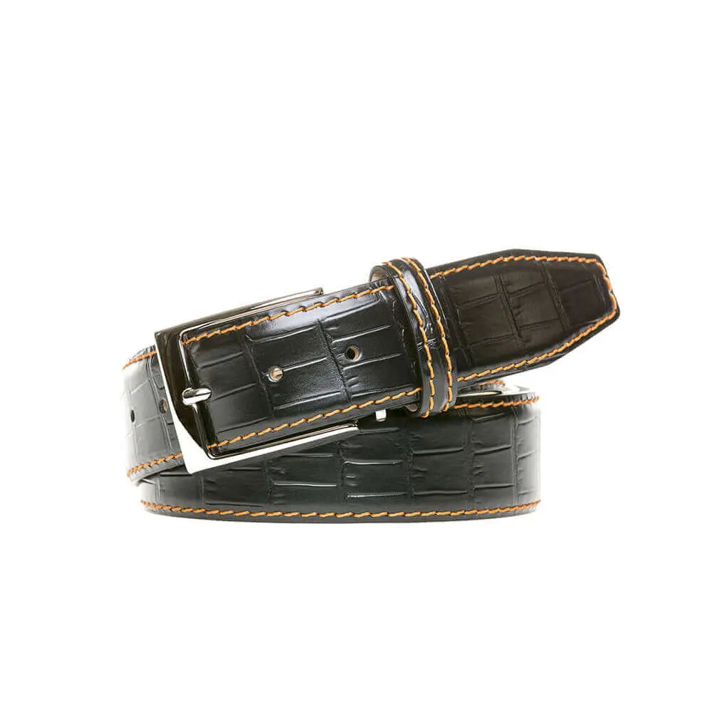 Roger Ximenez black custom leather belt with mock gator finish