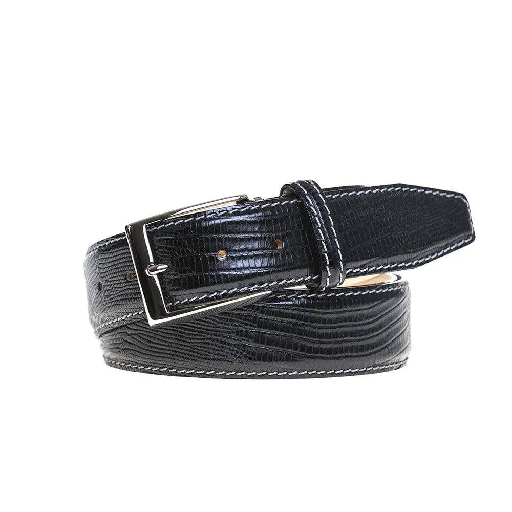 Close up of black mock lizard leather belt texture