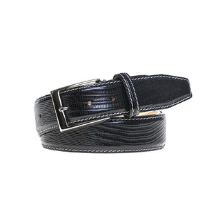 Close up of black mock lizard leather belt texture
