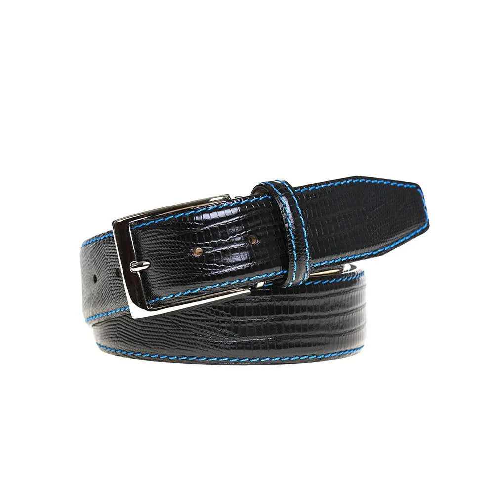 Roger Ximenez black custom leather belt with mock lizard finish