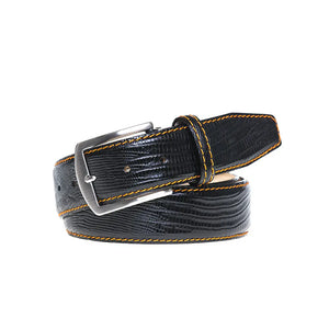 Black mock lizard belt showing handmade leather craftsmanship