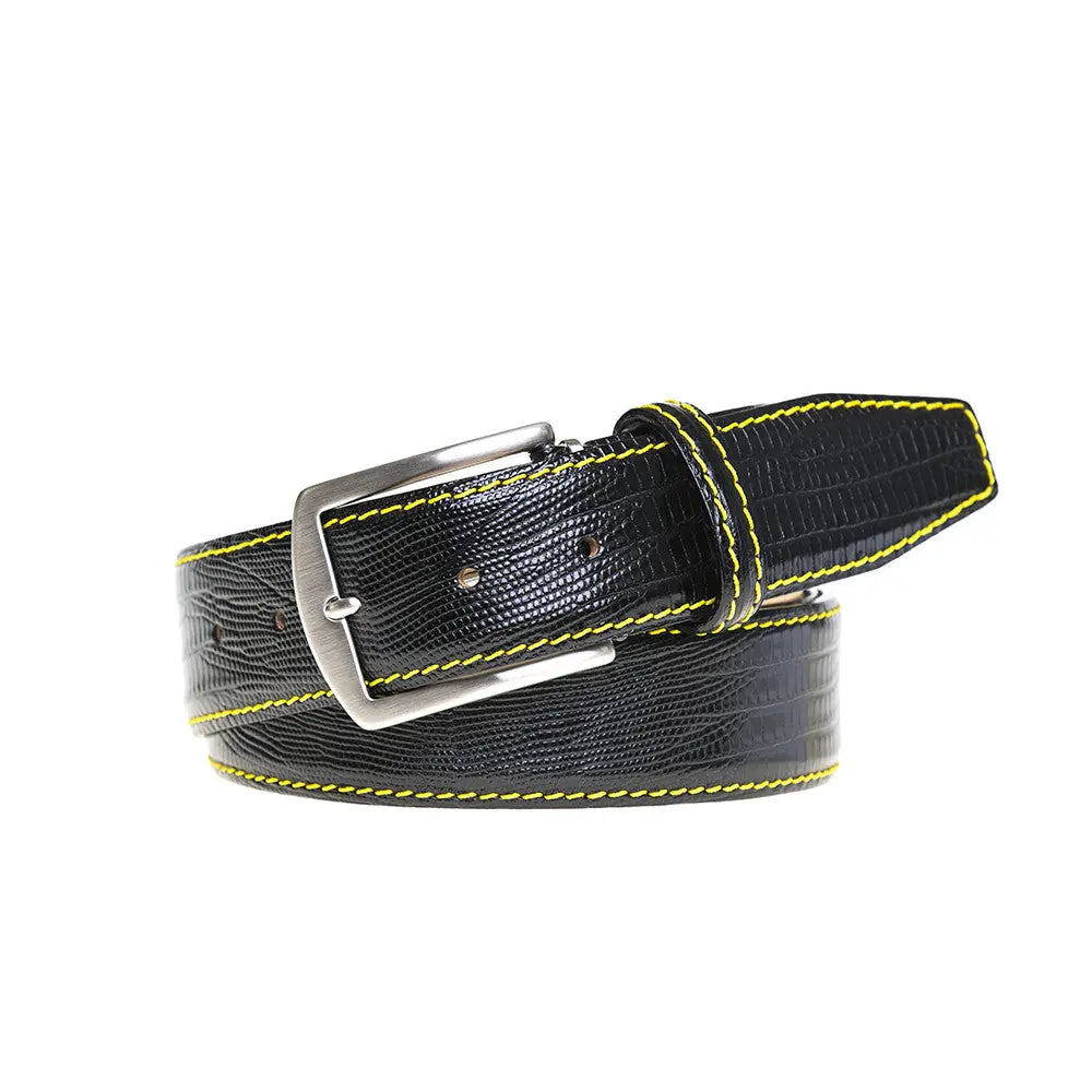Black textured leather belt for dress and statement style
