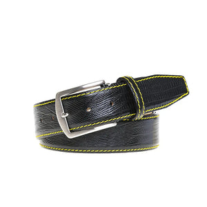 Black textured leather belt for dress and statement style