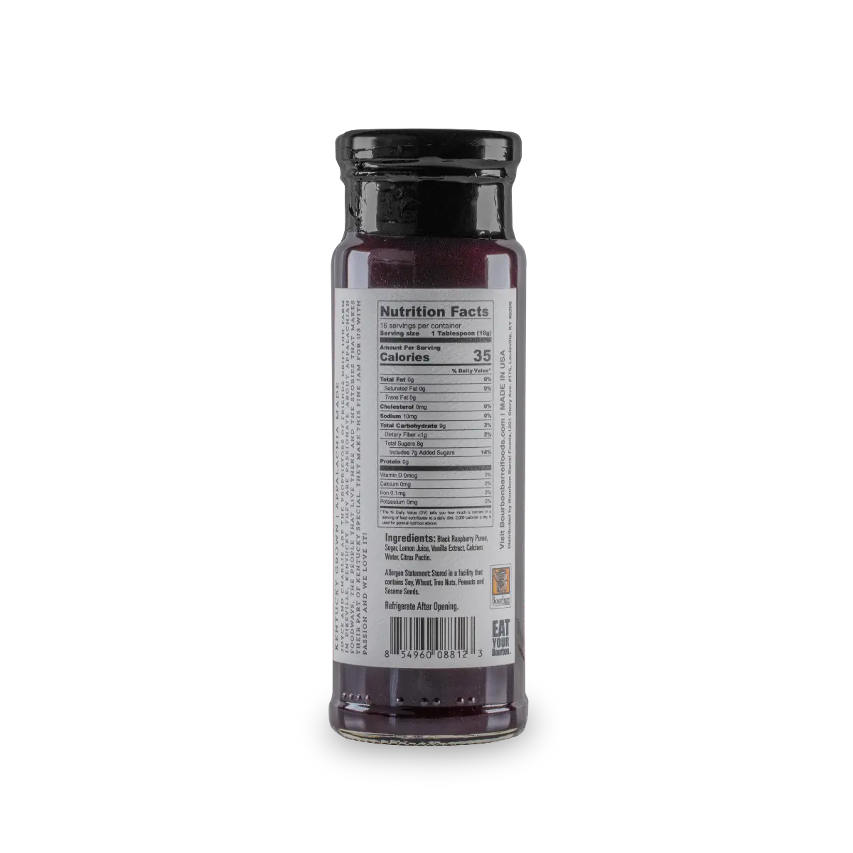 Black raspberry jam jar showing nutrition facts and ingredients.